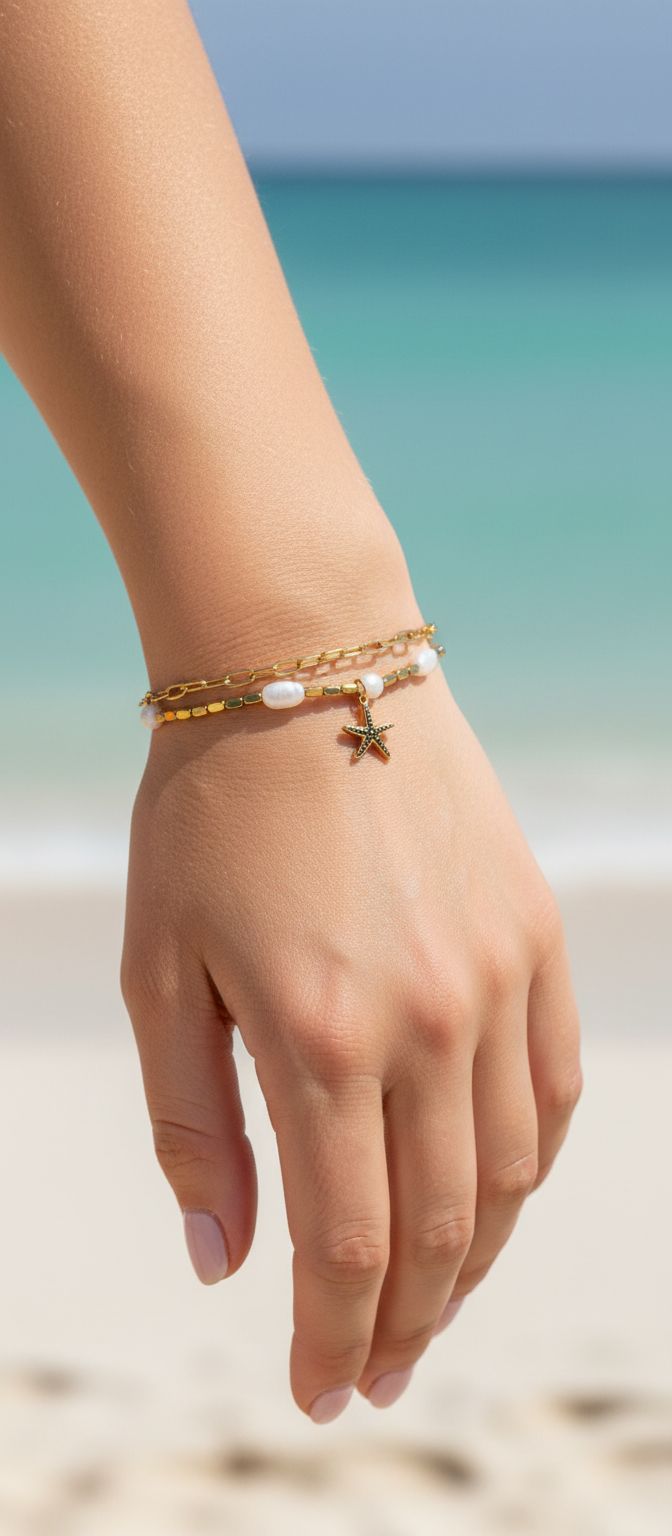 18K Gold Plated Double-Layer Starfish & Pearl Bracelet | Coastal Elegance Link Band - Image 2