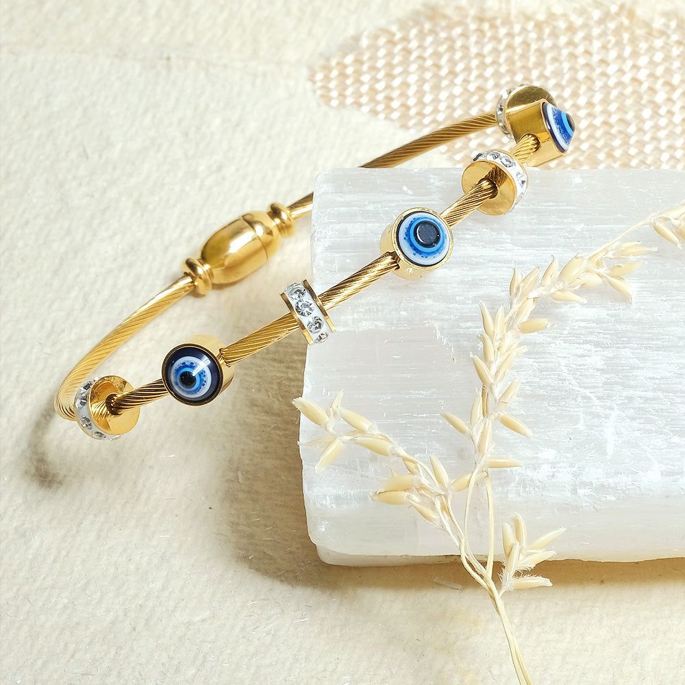 18K Gold Plated Evil Eye Cable Bangle | Multi-Charm Protective Statement Bracelet - Image 3