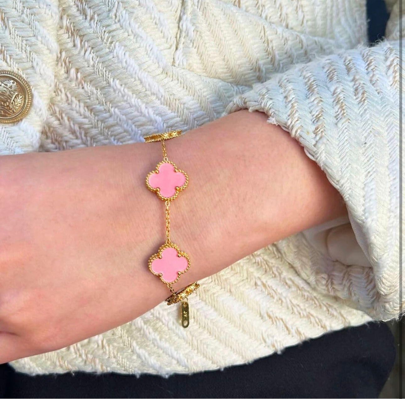 18K Gold Plated Pink Clover Bracelet – Elegant Four-Leaf Lucky Motif Jewelry with Beaded Edge Detailing - Image 2