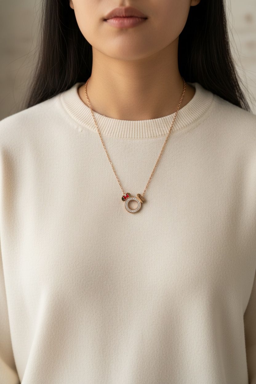 Rose Gold Mickey-Inspired Crystal Pendant Necklace – Dainty Disney-Style Jewelry with Red Bow Accent - Image 2