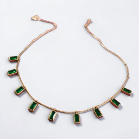 Emerald Green Baguette Charm Necklace – Gold Minimalist Dainty Choker with Rectangular Crystal Drops