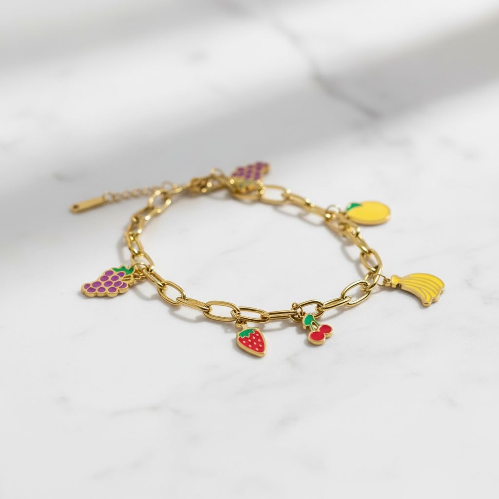 Gold Curb Chain Fruit Charm Bracelet – Whimsical Enamel Strawberry, Cherry, and Grape Jewelry