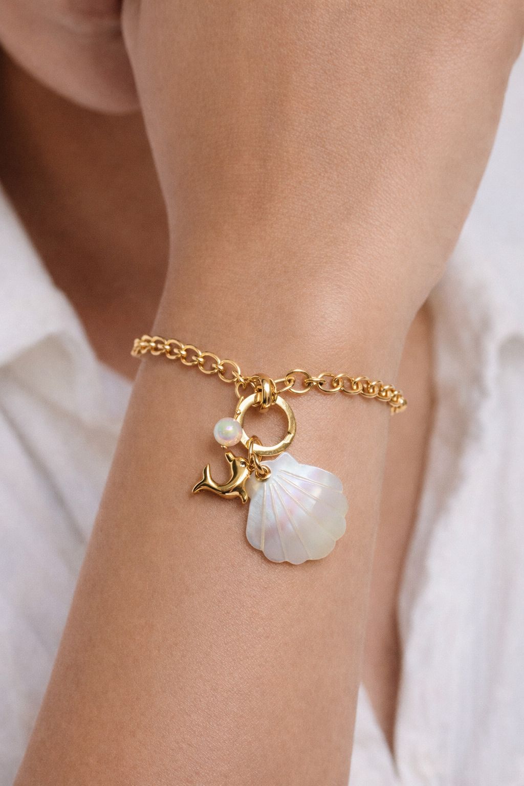 Gold Mother of Pearl Seashell & Dolphin Charm Necklace – Elegant Ocean-Themed Coastal Jewelry - Image 2