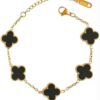 18K Gold Plated Black 5-Motif Clover Bracelet – Elegant Stainless Steel Four-Leaf Lucky Clover Jewelry for Women