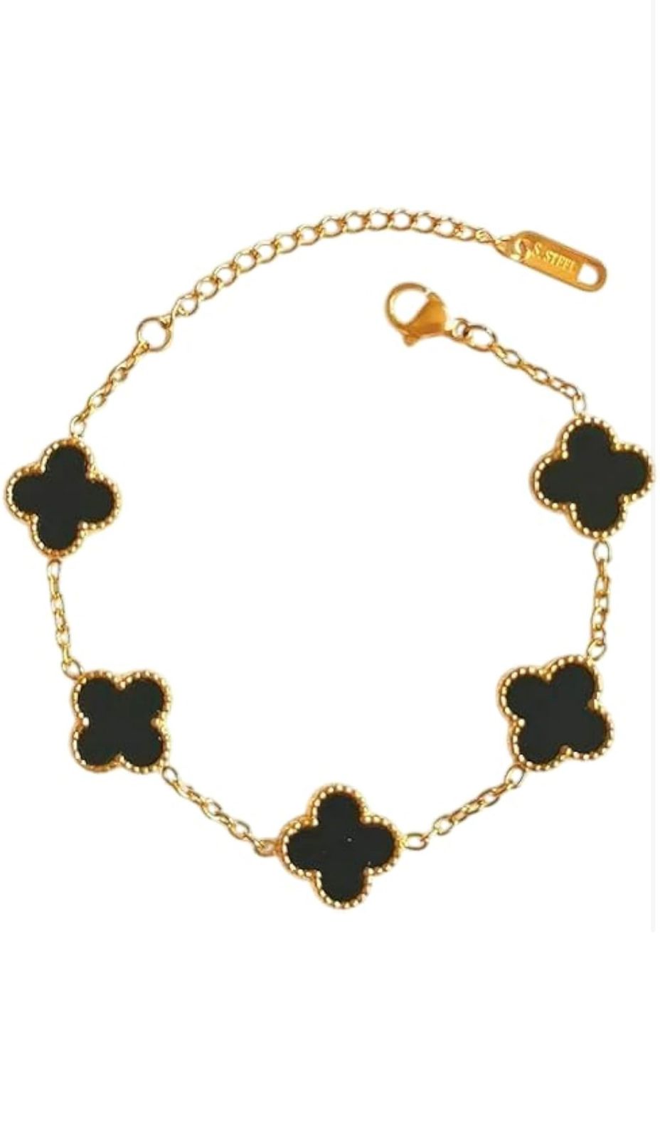 18K Gold Plated Black 5-Motif Clover Bracelet – Elegant Stainless Steel Four-Leaf Lucky Clover Jewelry for Women