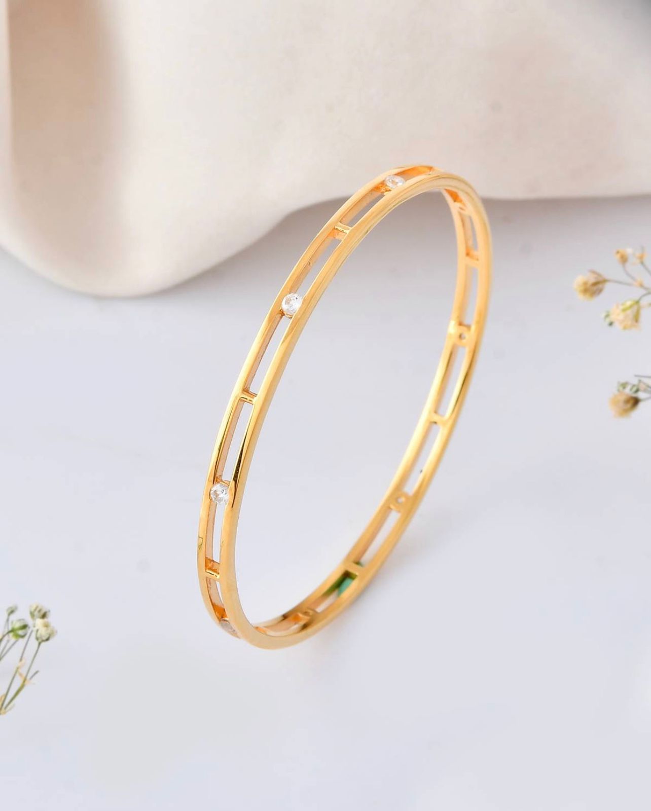 18K Gold Plated Dual-Rail Openwork Bangle | Minimalist Crystal Accented Cuff