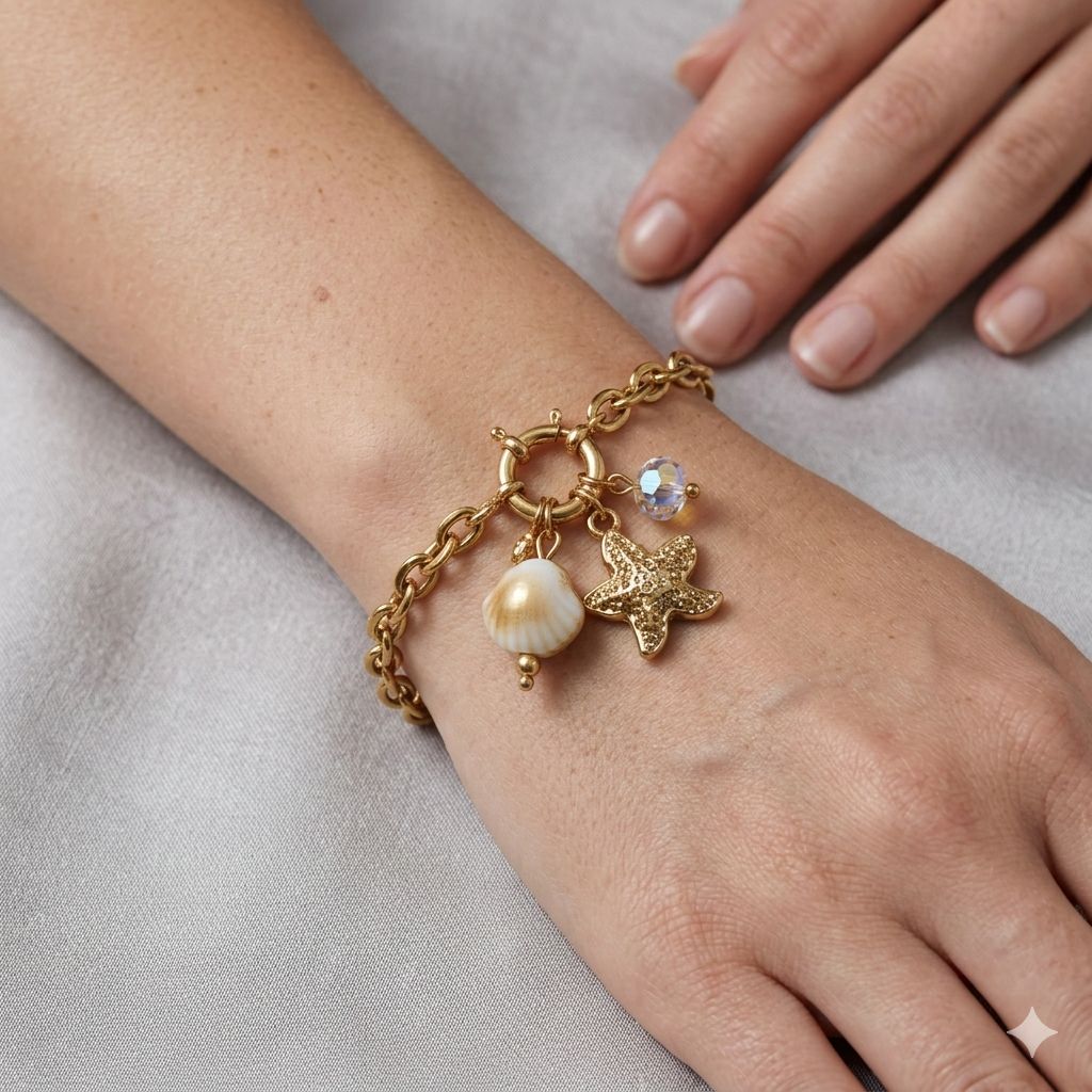 Gold Coastal Starfish & Shell Charm Bracelet – Elegant Nautical Link Chain with Iridescent Crystal Accents - Image 2