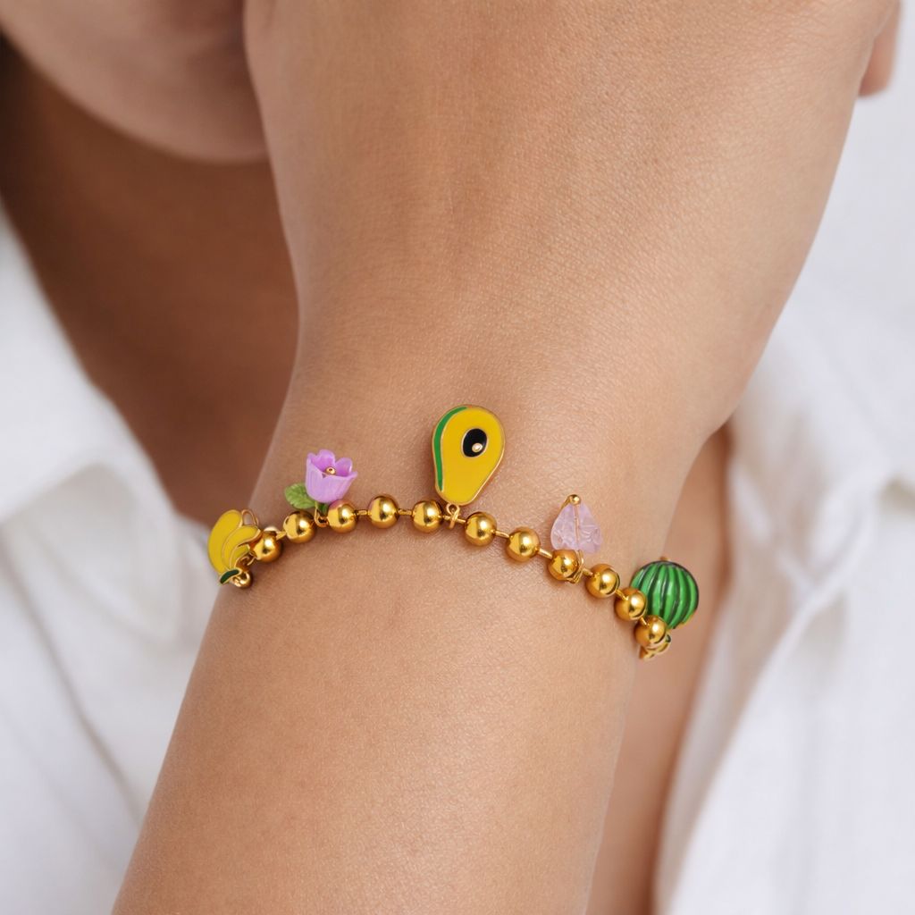 Gold Ball Chain Tropical Fruit Charm Bracelet – Whimsical Enamel Avocado, Banana, and Watermelon Jewelry - Image 2