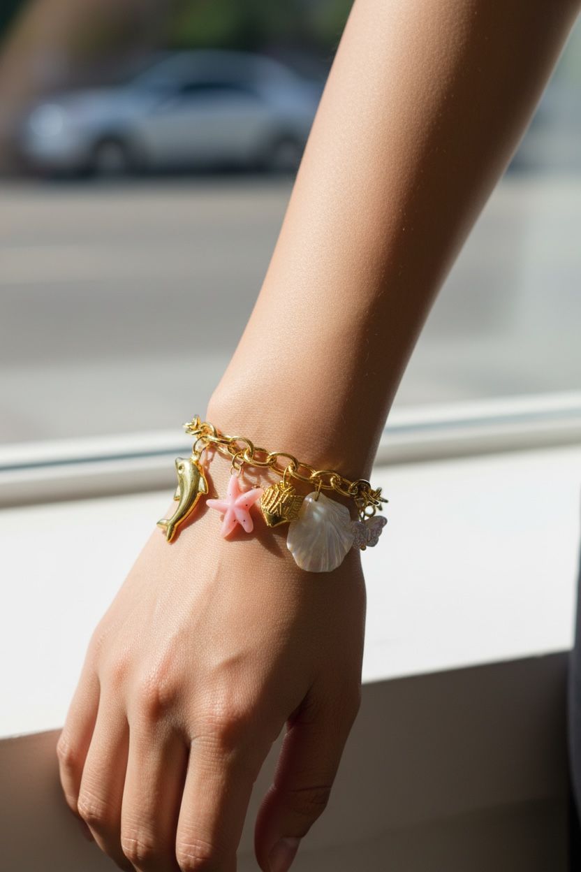 Gold Coastal Charm Bracelet – Mermaidcore Sea Life Jewelry with Dolphin, Starfish, and Shell Charms - Image 2